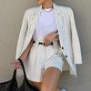 Yousheng, комплект из 2 шт./компл., пальто, шорты, полосатый отложной воротник, однобортный, с длинным рукавом, свободный, с высокой талией, комплект женской куртки с шортами в коммутационном стиле