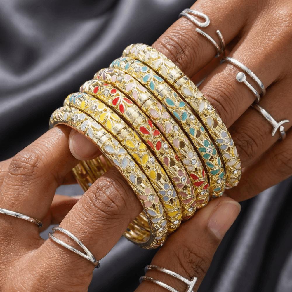 Traditional Flower Crystal Bangle Colorful Women's Hand Bracelet Vintage Cloisonne Bangle  Ladies