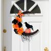 Halloween Moon Crow Wreath for Front Door Gothic Twig Wreath with Artificial Flowers Pumpkin Dead Branches for Indoor Outdoor Home Wall Window Decor