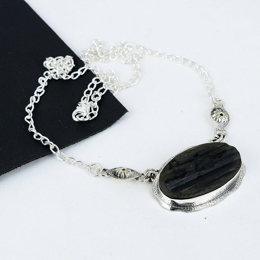 Natural Black Tourmaline Gemstone Handmade 925 Sterling Silver Electroform Necklace, Black Tourmaline Silver For Wife Unisex Pendant Party Wear Gifts