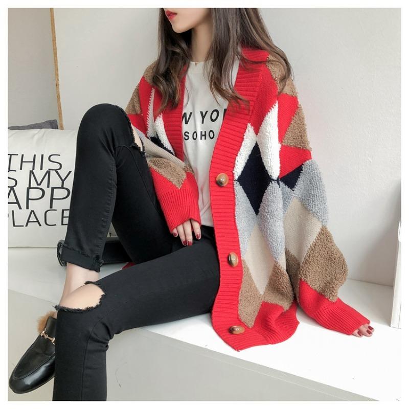Autumn New Long Sleeve Argyle Knitted Sweater Jacket Women Winter Elegant Fashion Loose Woman Cardigans Sweaters Vintage Plus Size Knitwear Coat 24929