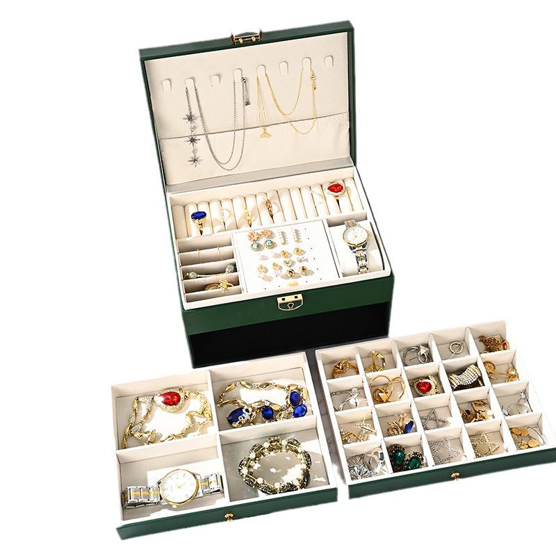Luxury Three-Layer Leather Jewelry Box with Lock & Drawer for Earrings
