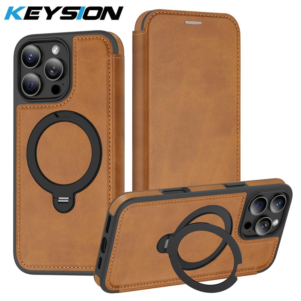 KEYSION Кожаный чехол-книжка из ПУ для iPhone 11 12 13 14 Pro Max 14 Plus, отделения для карт, магнитная подставка-кольцо 360, задняя крышка телефона