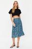 Women's Fashion Purple Printed High Waist Midi Stretchy Knitted Skirt with Gather Detail and Flounce