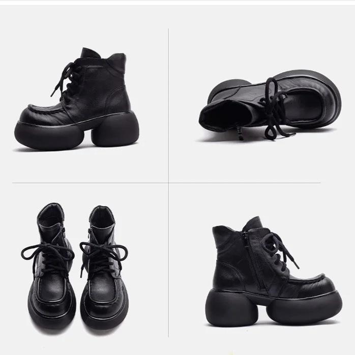 Johnature Натуральная кожа Британский стиль Ретро Толстая подошва Плюшевые Короткие ботинки Универсальная женская обувь на платформе