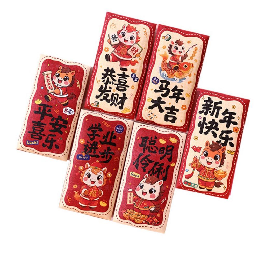 6PCS Paper Horse Year Red Envelope Cartoon New Year Spring Festival Red Envelopes Lucky Bless Words Hongbao Marriage Celebration