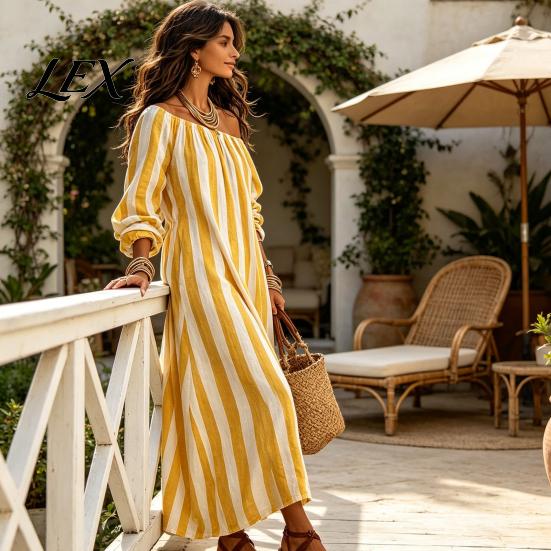 Lightweight Polyester Dress Summer Women Striped Long Dress, Off Shoulder Sleeve Casual with Side Pocket Ankle Length Loose Swing Beach