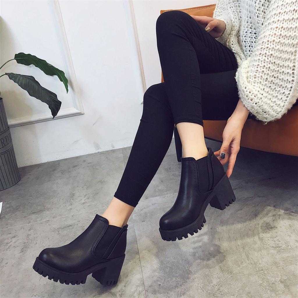 New Fashion Low-tube High-heeled Women's Short Boots Round Toe Wear-resistant Waterproof Platform Elastic Ankle Boots