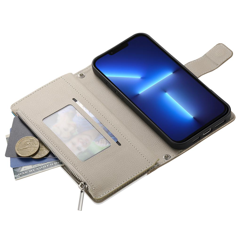 Чехол-кошелек с карманом на молнии и ремешками для iPhone 13 Pro Max, кожаный, с цветными вставками, книжка