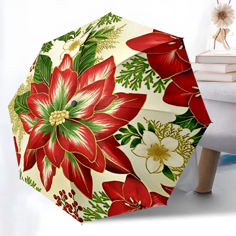 1pc Poinsettia Pattern Automatic Folding Umbrella - Portable Collapsible 8-Rib Umbrella for All Seasons yy251119150