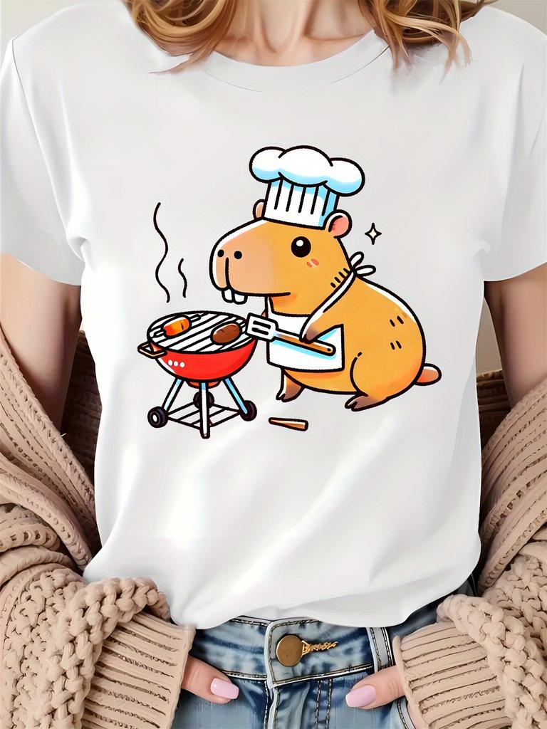 Unisexs White Short Sleeve TShirt Cute Guinea Pig Chef BBQ Graphic Print Short Sleeved Harajuku Streetwear Tops Tees
