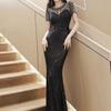 Платье для ведущего банкет вечернее платье черное тонкое женское платье-рыбий хвост юбка высокое чувство тонкий темперамент платье юбка
