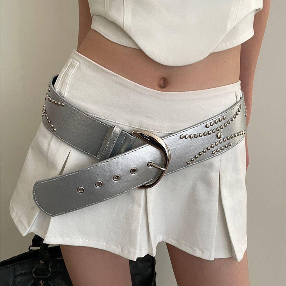 Поясной ремень с серебряными заклепками Y2K из искусственной кожи, повседневные джинсы с широким ремнем