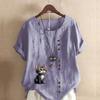 Women's Fashion Cat Prined Short Sleeve T-shirt Loose Cotton Shirt Casual Loose Summer Blouse Tops Plus Size