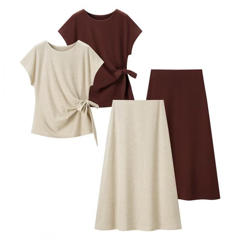 Womens Vintage Chic 2-Piece Set: Soft Cotton Blend Top With Pleated Midi Skirt 3/4 Sleeve Solid Color 2025