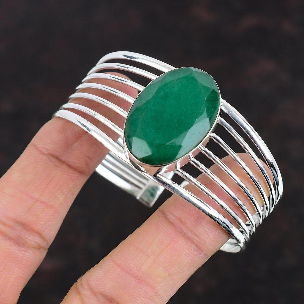 Faceted Zambian Emerald Cuff Bracelet Gemstone Bangle 925 Sterling Silver Bangle Adjustable Bangle Handmade Amazing Jewelry Gifts For Friend