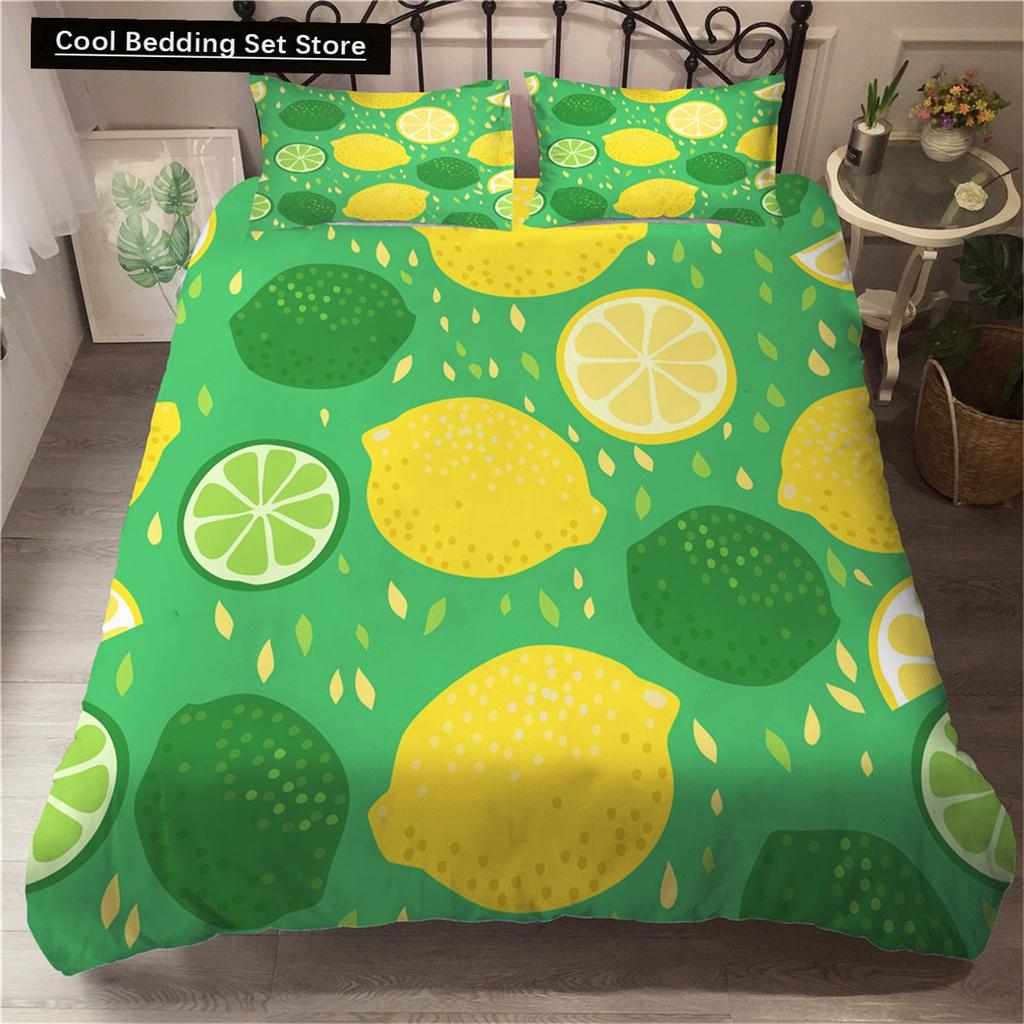 Постельный комплект с принтом лимонов Желто-зеленый Фруктовая тематика Розовый Пододеяльник Размер Кинг/Евро Милый Мультяшный 2/3 шт. Полиэстеровый Чехол для одеяла