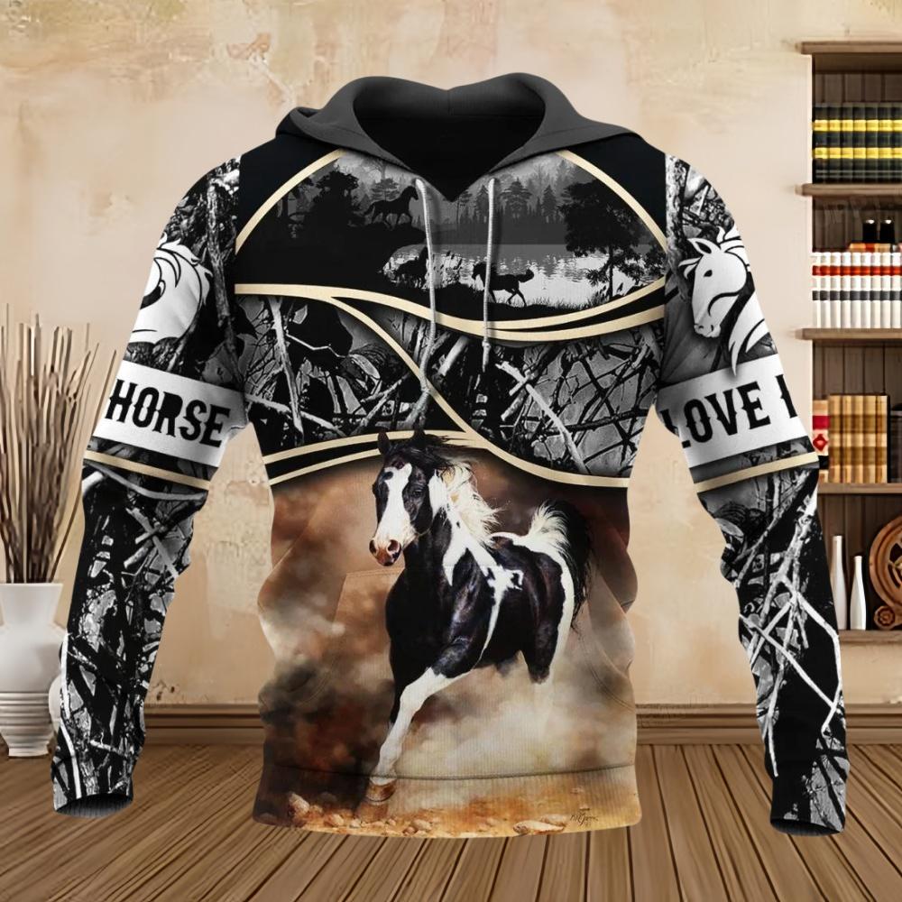 Hoodie Horse Pattern Harajuku Print Pullover Men's Hooded Sweatshirt Oversized Vintage Male Clothing Fall