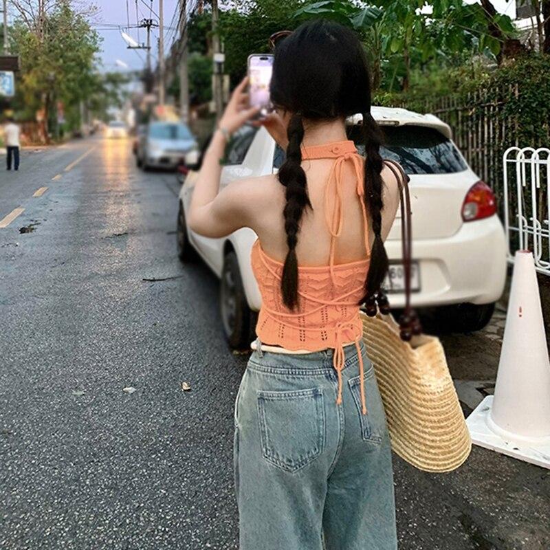 Women's Tank Top Hollow Out Bandage Slim  Knitted Camisole Korean Style