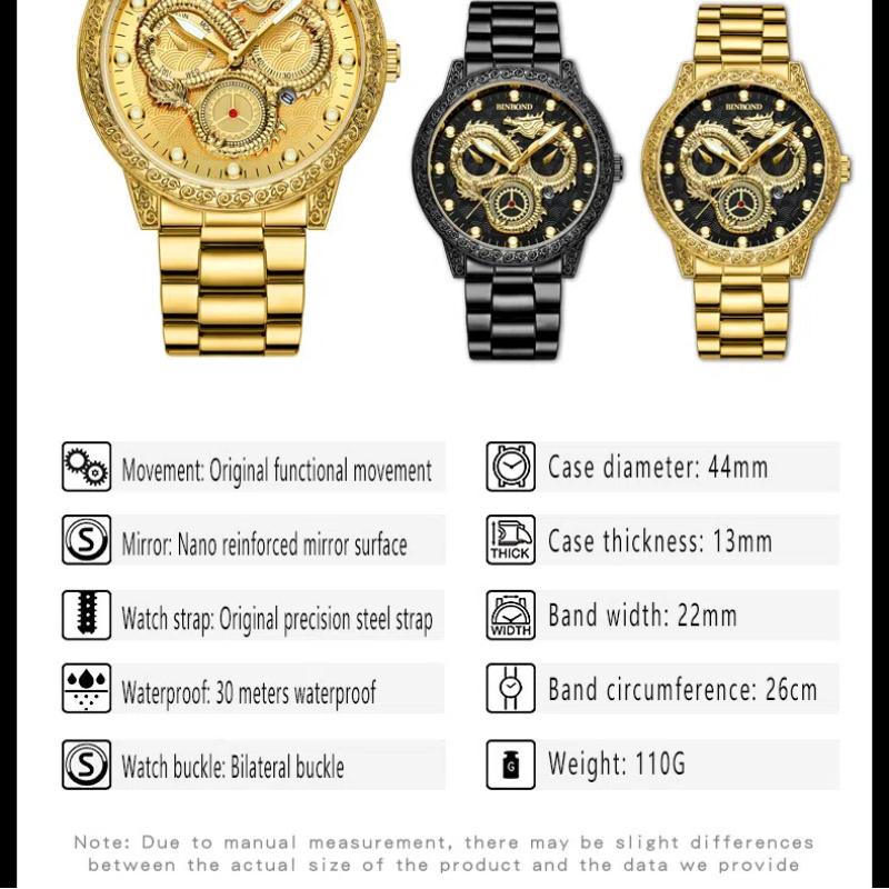 Мужские кварцевые часы Three Flame Dragon с рельефным золотым драконом, водонепроницаемые, светящиеся, с календарем, подарок на фестиваль