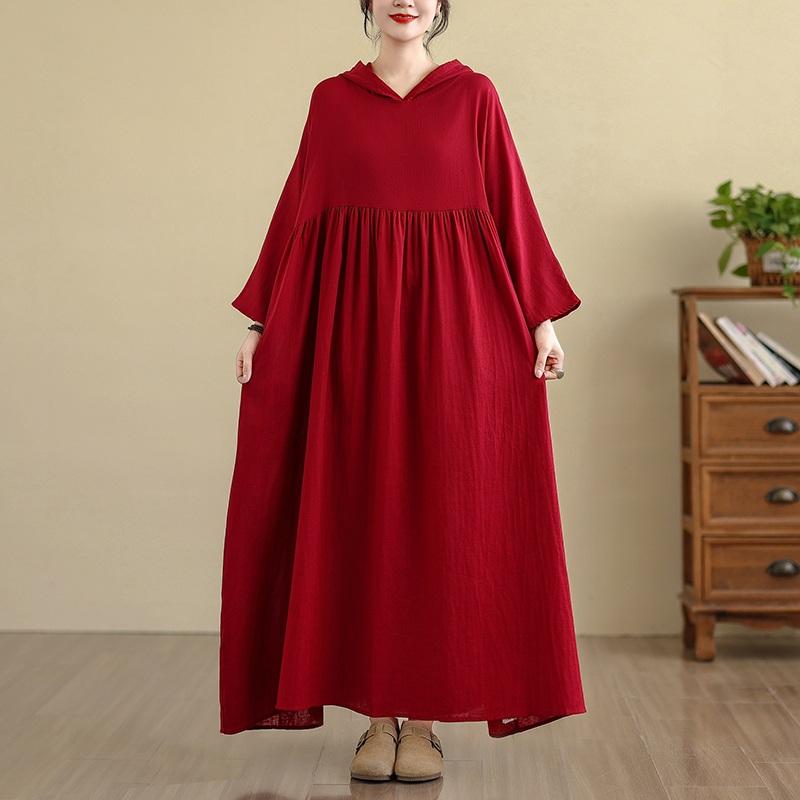 Long Sleeve Plus Size Cotton Vintage Hooded New In Dresses for Women Casual Loose Spring Autumn Dress