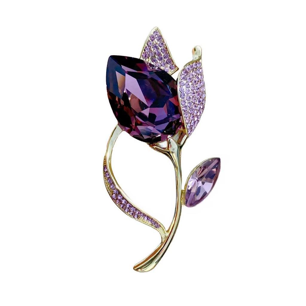 European Crystal Purple Tulip Brooch - Exquisite & Elegant Women's Corsage Pin for Coats and Jackets