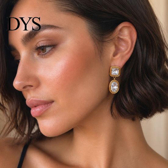 Retro Themed Outfit Accessories 1 Pair Faux Crystal Geometric Dangle Earrings for Women, Vintage Style Gold Plated Jewelry Stainless Steel Drop