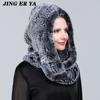 JINGERYA новая женская вязаная шапка с мехом кролика рекс, шарф с капюшоном, длинная зимняя теплая меховая шапка с шейным воротником, шарфы, шапка, шарф