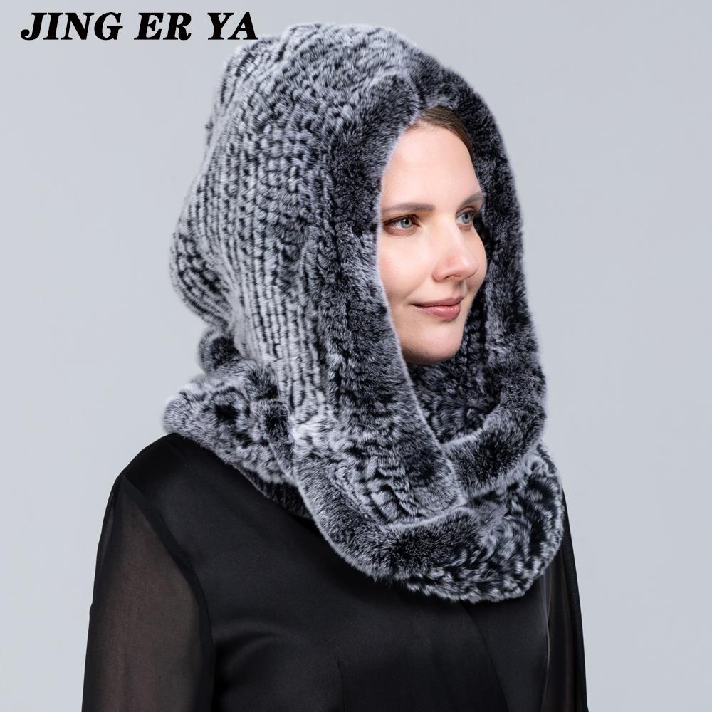 JINGERYA новая женская вязаная шапка с мехом кролика рекс, шарф с капюшоном, длинная зимняя теплая меховая шапка с шейным воротником, шарфы, шапка, шарф