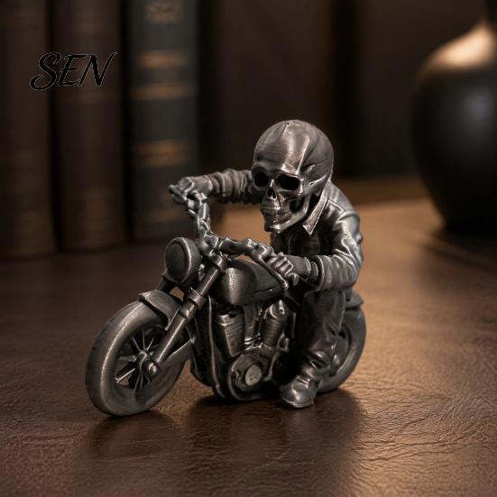 3D Printed Resin Model Skull Motorcycle Rider Statue, Cool Gothic Biker Skeleton Halloween Party Decoration Figurine, Motorbike Sculpture Desktop Car