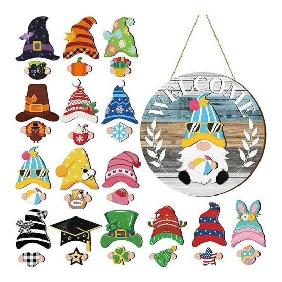 1 Set Interchangeable Wooden Welcome Sign with Seasonal Hat Accessories Gnome Highland Cow Hanging Front Door Sign Home Office Holiday Decoration