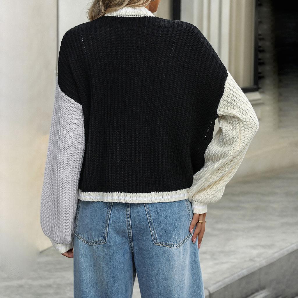 Women's Fashion Loose Splicing  Knitted Cardigan Coat Sweater