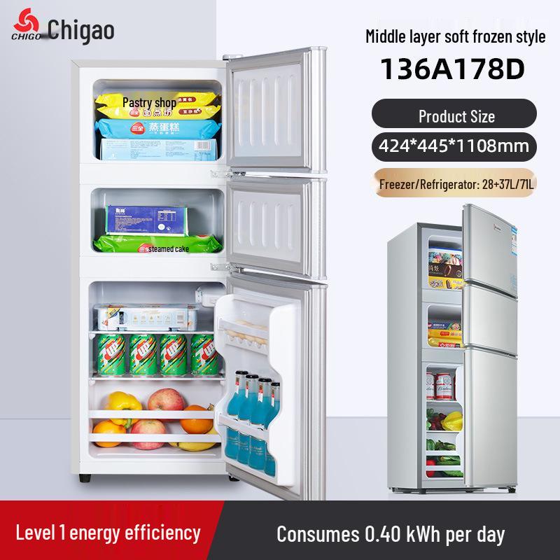 Холодильник Chigo 57-239L трехдверный: Предпочтительный для дома, Большая вместимость, Энергоэффективность первого класса, Многотемпературные зоны.