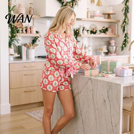 Sleep Suit 2Pcs/Set Women Christmas Satin Pajamas Set, Button Up Long Sleeve Shirt Elastic Relaxed Fit Leisure Set Waist Shorts Santa Claus