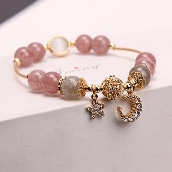 Женский браслет гладкий бисер полированный кулон звезда луна стразы регулируемый шопинг работа