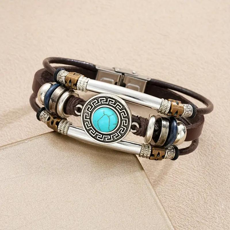 17KM Комплект из 4 мужских браслетов в богемном стиле из бирюзы и искусственной кожи - подойдет для повседневного ношения или в качестве подарка друзьям