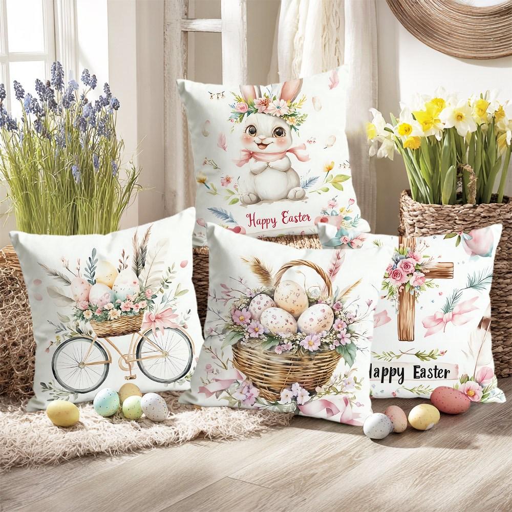 1Pc Easter Themed Pattern Pillowcase 2D Flat Printed Holiday Decorative Cushion Cover No Pillow Insert For Living Room Sofa Hall