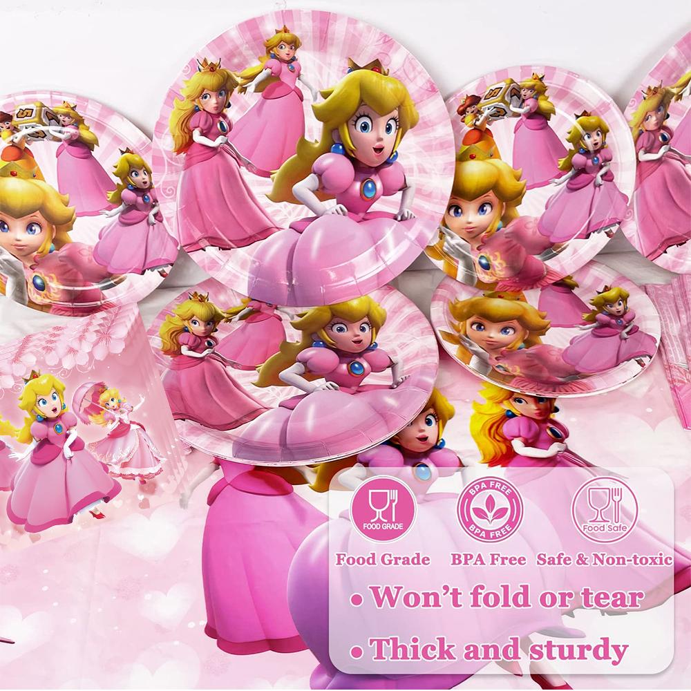 51PCS Princess Peach Party Tableware Include Tablecloth Paper Plates Napkins Cup
