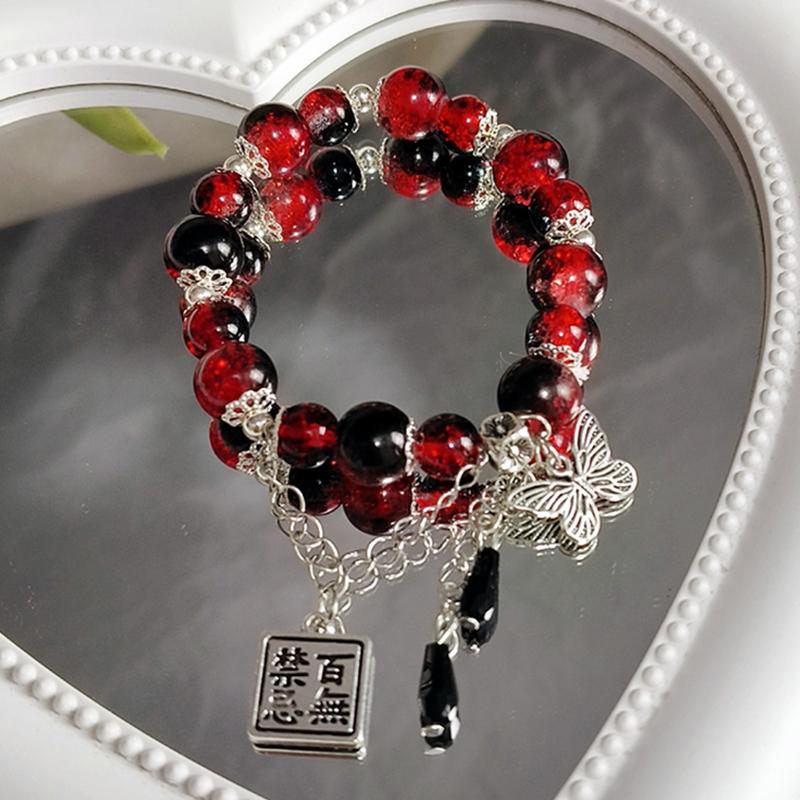Chinese Style Red Beaded Bracelet for Women Blessing Butterfly Tassels Chain Pendant Bracelets Dark Gothic Jewelry Accessories