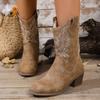 Women's Wide Width Brown Western Boots, Round Toe Mid-Calf Booties, Vintage Chunky Heel Ankle Boots for Women