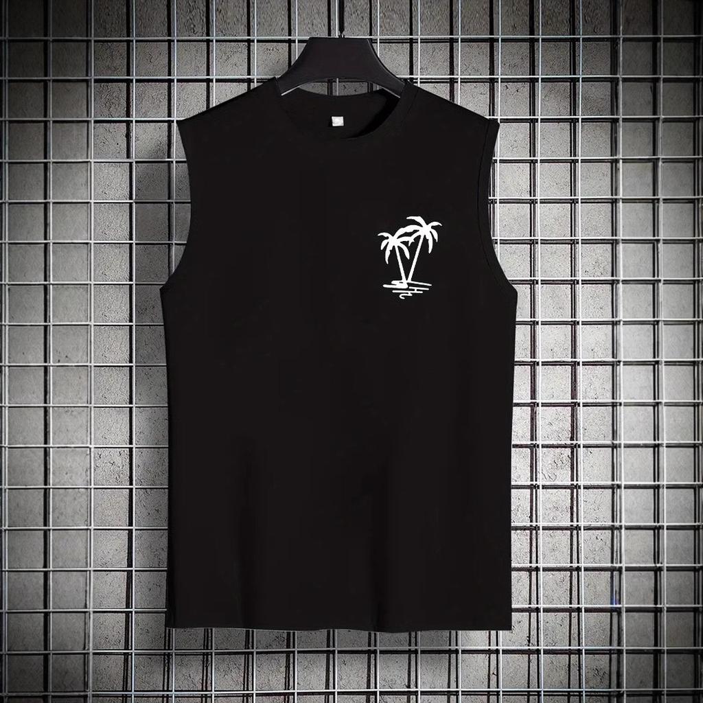 Летний мужской повседневный жилет с принтом пальмы Повседневная мода Спорт Фитнес Пляжный мужской хлопковый жилет без рукавов