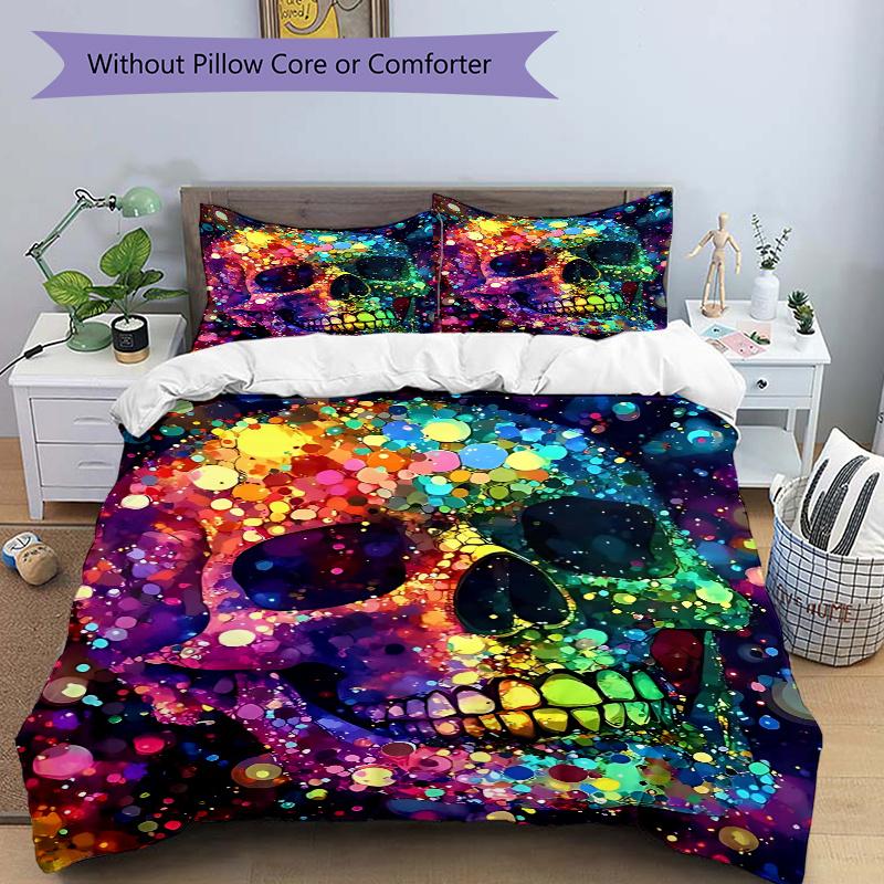 3pcs Colorful Skull Design Bedding Set, Includes One Quilt Cover and Two Pillowcases (No Core), Perfect for Bedroom and Guest Room