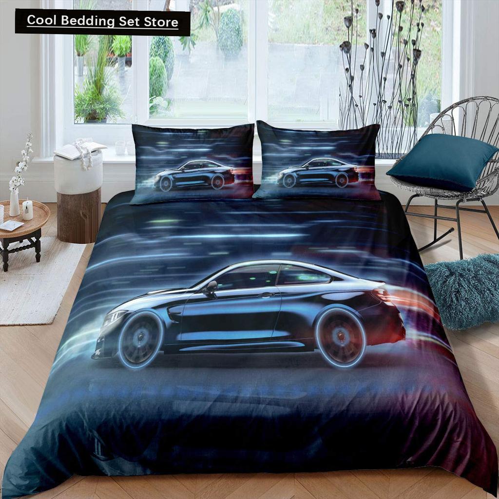 Race Car King Queen Duvet Cover Cool Speed Racing Bedding Set Teens Men Black Sport Car Quilt Cover Polyester Comforter Cover