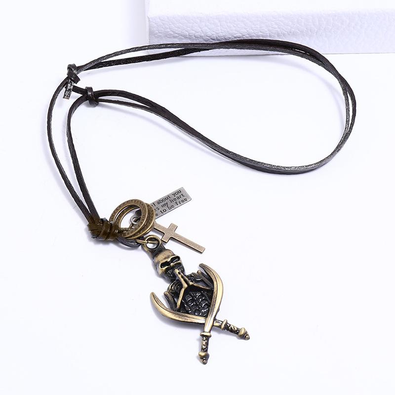 Винтажное мужское ожерелье из натуральной кожи, мужской кулон в виде скелета, цепочка для мужского воротника, длинный кожаный шнур, ожерелье в стиле панк