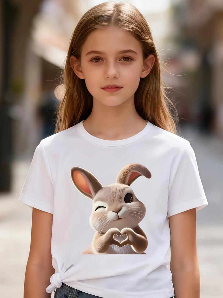 Girls Cute Winking Rabbit Heart Hands Graphic T Shirt Cartoon Bunny Making Heart Gesture Print Short Sleeve Kids Casual Summer T