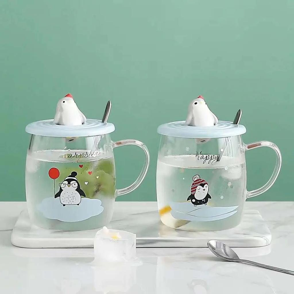 3D Lid Penguin Glass Mug With Spoon Mate Cup of Drinking Cute Mugs Coffee Cups Cup for Tea Glasses for Drinks Mugs Free Shipping