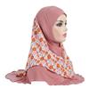H326 Teenage Girls Medium Size 65*60cm Pray Hijab with Chiffon Prints Muslim Scarf Islamic Headscarf Hat Amira Pull On Headwrap