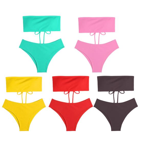 2Pcs/Set Back Lace-up Solid Color Bikini Set Two Pieces Bandeau Bra