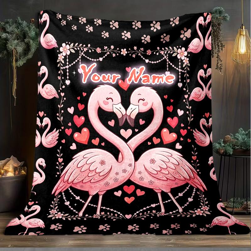 1PC Custom Name Flamingo Love Heart Frame flannel blanket versatile,all-season throw suitable for the living room,bedroom,camping,travel,and gift