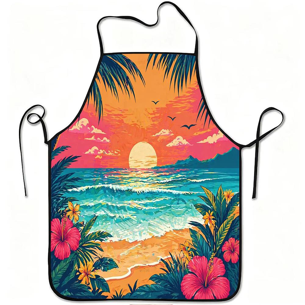 1pc Tropical Hibiscus Print Apron with Adjustable Waistband & Hibiscus Flower - Durable Easy-Clean Polyester Suitable for Cooking, Gardening, Orchard